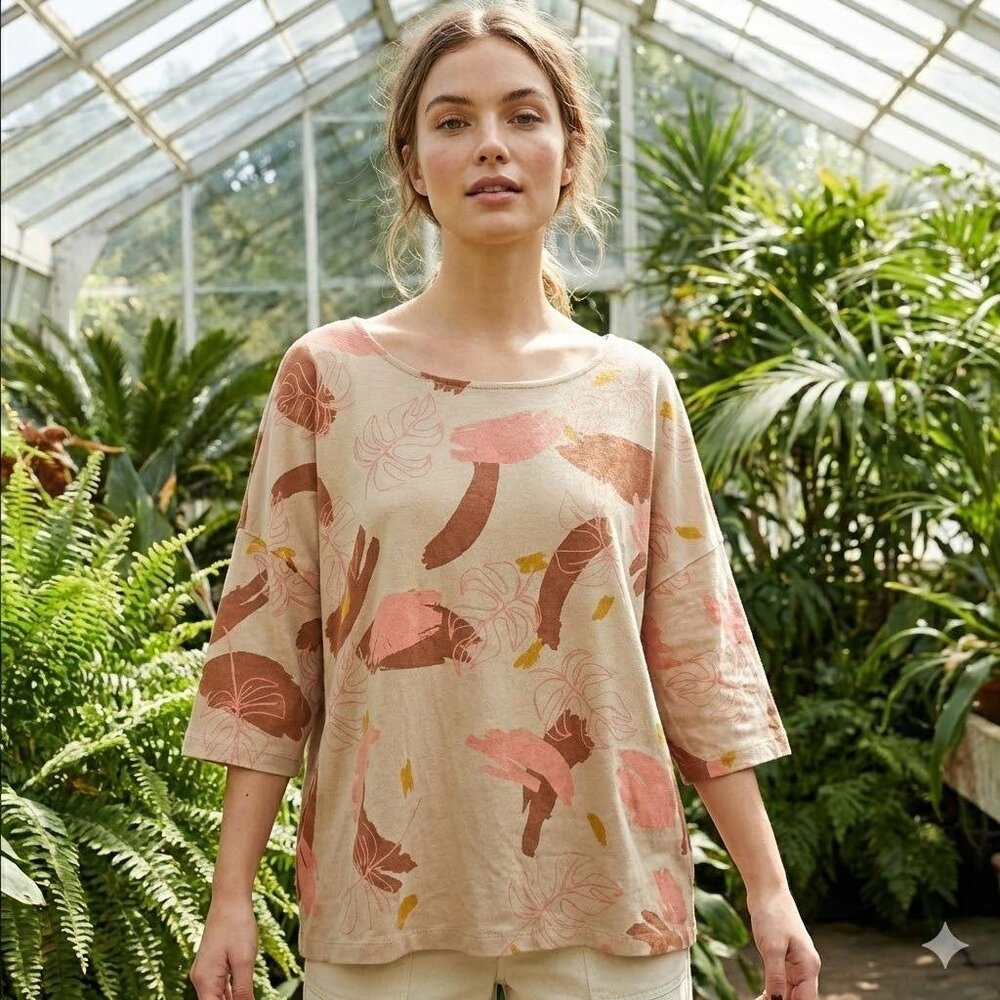 Tonle Plant Kween Blouse Top XL Beige Leaf Print Sustainable Lagenlook Oversized